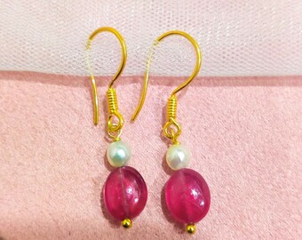 18K Real Gold Ruby & Pearl Dangle Earrings | Solid Gold Drop Earrings | Red Ruby Jewelry Gift for Her | Pearl Earrings | Handmade Earrings.