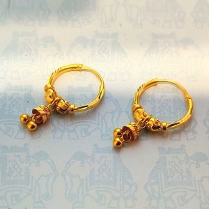 22K Yellow Real Gold Dangle & Small  Drop Hoops Earrings, Minimalist, Dainty, Gift For Her, Handmade, Hoop, Huggies, Ballies, Light Weight.