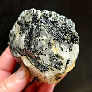 May include: A raw, natural mineral specimen featuring a matrix of clear quartz with embedded black tourmaline crystals. The crystals are needle-like and densely packed, creating a striking contrast. The stone has a rough, textured surface.
