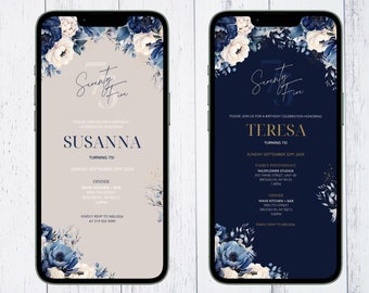 Digital Blue Floral Birthday Invite Template, Navy Blue Invitation, Editable Modern Party Invite, Editable Template, Digital Canva Download
