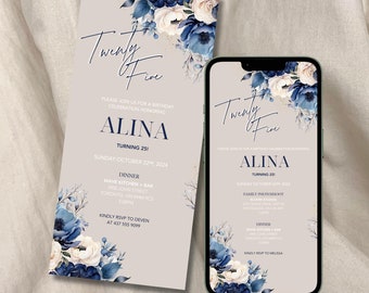 Digital Floral Birthday Invite Template, Neutral Navy Invitation, Editable Party Invite,  Birthday Editable Template, Digital Download Canva