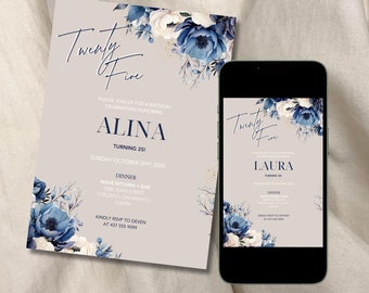 Editable Floral Invitation, Neutral Navy Birthday Invitation, Blue Floral Birthday Party Invite, Modern Editable Template, Digital Download