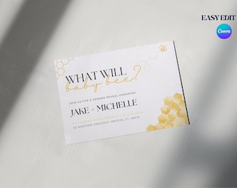 Printable What Will Baby Bee Gender Reveal Template, Gender Reveal Invitation, Editable Gender Reveal Party Invite, Digital Canva Download