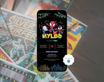 Spidey and Friends Birthday Invitation, Miles Morales Digital Template, Spiderman Mobile Invite, Into the Spiderverse Canva Instant Download