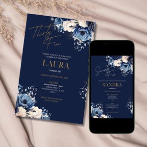 Editable Floral Birthday Invitation, Navy Gold Birthday Invitation, Blue Floral Birthday Party Invite, Editable Template, Digital Download