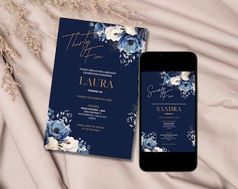 Editable Floral Birthday Invitation, Navy Gold Birthday Invitation, Blue Floral Birthday Party Invite, Editable Template, Digital Download
