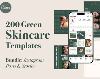 200 Green Skincare Instagram Templates for Canva, Posts and Stories Bundle, Esthetician Social Media Templates, Branding, Botox & Filler