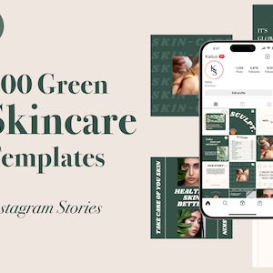 100 plantillas de historias de Instagram de cuidado de la piel verde para Canva, plantillas de redes sociales de Instagram de esteticista, marca de cuidado de la piel, Botox y relleno
