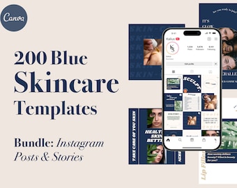 200 Blue Skincare Instagram Templates for Canva, Posts and Stories Bundle, Esthetician Social Media Templates, Branding, Botox & Filler