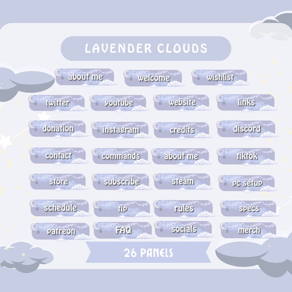 26 pastel lavender moon clouds and star TWITCH PANELS | cute, aesthetic, girly, streamer, twitch