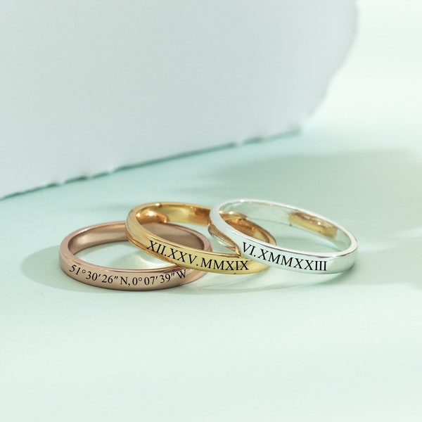 Anillo de coordenadas personalizado, anillo de números romanos, anillo personalizado, anillo grabado, anillo personalizado, anillo apilable, anillo de apilamiento, regalo de Navidad para ella