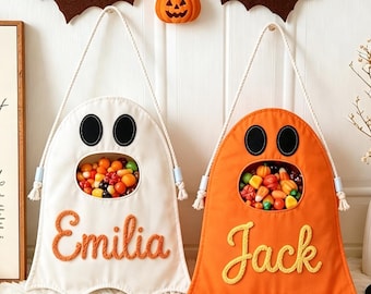 Halloween Ghost Trick or Treat Bag, Custom Halloween Candy Bag, Kids Halloween Tote with Name, Kids Boo Basket Ghost Bag for Boys & Girls