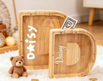 Large Wooden Letter Bank for Kids, Personalized Coin Bank with Custom Baby Name, Wood Alphabet Piggy Bank Money Box, Wood Gift for Kids