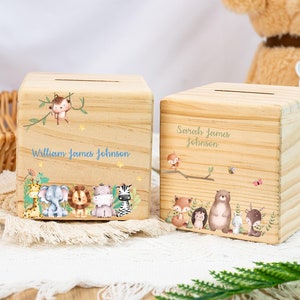 Caja de dinero personalizada para niños con nombre, caja de dinero para bebés de madera, alcancía para niños, regalo de bautismo para niño, regalo de bautizo, regalo de cumpleaños para niños
