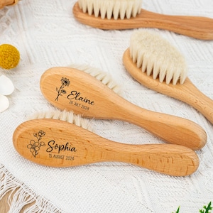 刻印入りベビーヘアブラシ、パーソナライズされたベビーソフトヘアブラシ、ベビーシャワーギフト、女の子の赤ちゃんへのギフト、木製ベビーヘアブラシ、カスタムベビーブラシギフト
