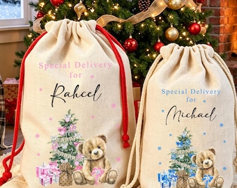 Bear Santa Sacks, Personalized Santa Sack with Name, Special Delivery Christmas Gift Bag for Kids, First Christmas Gift Bag,Holiday Gift Bag