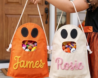 Personalized Halloween Trick or Treat Bag, Custom Name Halloween Candy Bag, Kids Halloween Tote, Spooky Gift, , Custom Name Ghost Candy Bag