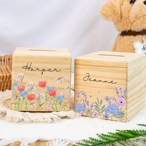 Money Box Girl,Money Box Personalized,Money Box Wood,Money Box Flowers,Piggy Bank Child,Baptism Gift Girl,Savings Bank,Girl Baby Shower Gift