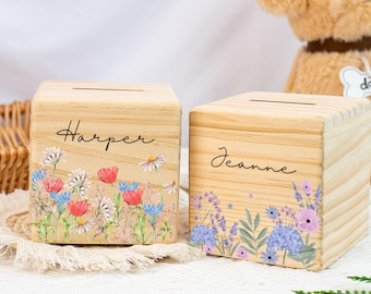 Money Box Girl,Money Box Personalized,Money Box Wood,Money Box Flowers,Piggy Bank Child,Baptism Gift Girl,Savings Bank,Girl Baby Shower Gift