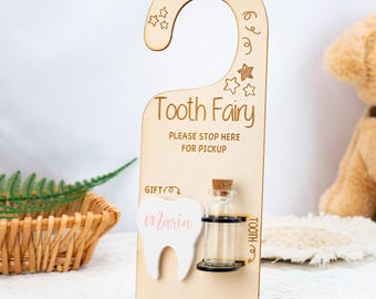 Personalized Tooth Fairy Door Hanger, Tooth Fairy Pick up and Drop off, 1st Birthday Gift for Kids, Money & Note Slot, Tooth Trinket Holder
