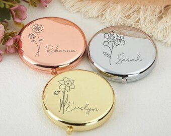 Custom Birth Flower Girl Mirror with Name,Personalized Women Pocket Mirror,Compact Mirror,Bridesmaid Proposal,Gifts for Her,Birthday Gifts