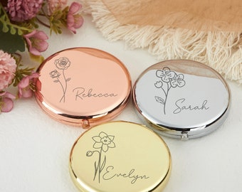 Miroirs personnalisés de demoiselle d’honneur, miroir personnalisé de nom de fleur de naissance, cadeaux personnalisés pour les femmes, miroir compact gravé, cadeaux d’anniversaire de mariage