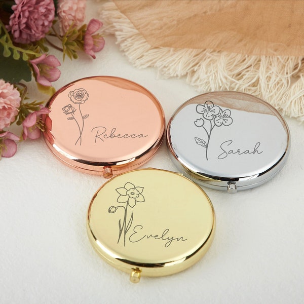 Engraved Compact Mirror,Custom Birth Flower Mirror,Customized Pocket Makeup Mirror,Weddings Birthday Gifts,Hen Party Gift, Bridesmaid Gifts