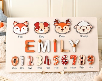Personalized Wooden Name Puzzle, Custom Toddler Learning Board, Montessori Number Shape Puzzle, Kids Birthday Gift, Nursery Toy Baby Gift