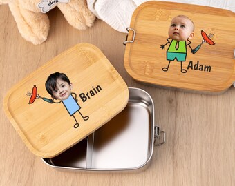 Personalized Lunch Box with Name, Custom Lunch Box Print Baby Face, Stainless Steel Bread Box, Wooden Lid Snack Box, Back to School Gift