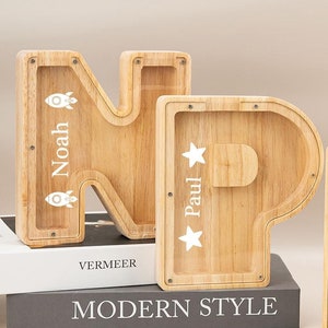 Alcancía de madera personalizada, banco de monedas de nombre personalizado, caja de dinero del banco de cartas para niños, caja de dinero inicial, regalo de baby shower, regalo de Navidad para niños