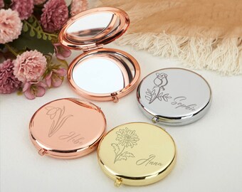 Personalized Compact Mirror,Birth Flower Mirror,Birdesmaid Pocket Mirror,Gifts for Her,Best Friend Gifts,Birthday Gifts,Wedding Gifts