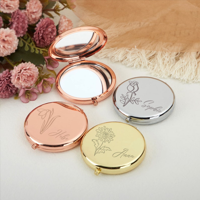 Miroir compact personnalisé, miroir de fleur de naissance, miroir de poche birdesmaid, cadeaux pour elle, cadeaux de meilleur ami, cadeaux danniversaire, cadeaux de mariage image 1