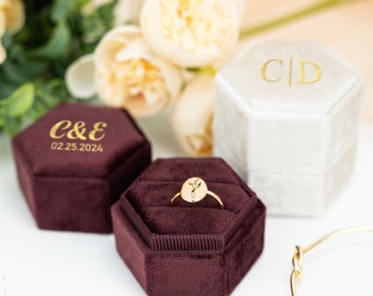 Custom Engagement Ring Box,Double Slot Hexagon Velvet Ring Box,Personalized Ring Bearer,Modern Ring Box,Monogram Ring Box,Anniversary Gifts