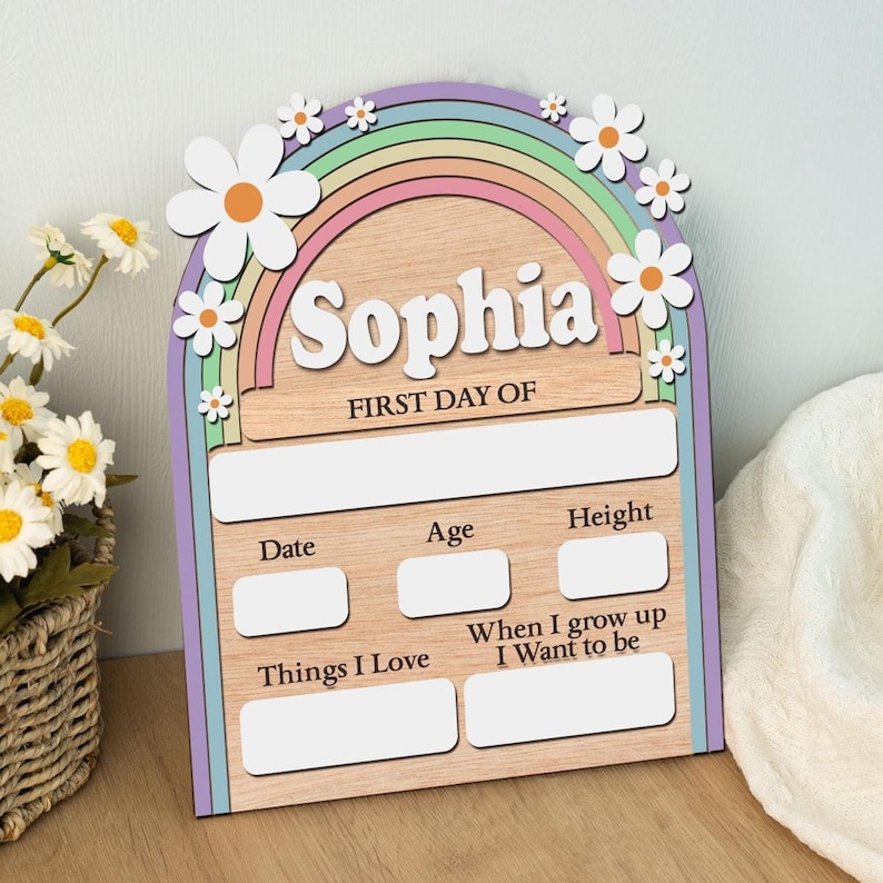 K&ouml;nnte beinhalten: Holzschild in Regenbogenform mit dem wei&szlig;en Namen "Sophia". Es enth&auml;lt Bereiche f&uuml;r "Datum", "Alter" und "Gr&ouml;&szlig;e" sowie "Was ich liebe" und "Wenn ich gro&szlig; bin, m&ouml;chte ich sein". Das Design zeigt G&auml;nsebl&uuml;mchen und Pastellfarben.