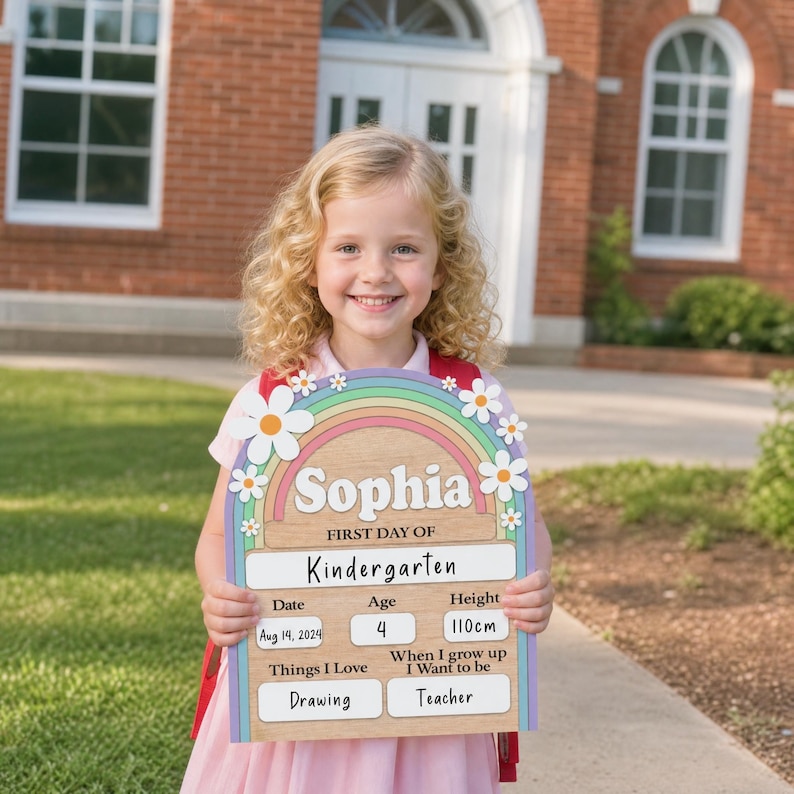 K&ouml;nnte beinhalten: Ein Holzschild mit Regenbogen- und G&auml;nsebl&uuml;mchen-Design, personalisiert mit dem Namen "Sophia" und Details f&uuml;r ihren ersten Kindergartentag. Das Schild enth&auml;lt Datum, Alter, Gr&ouml;&szlig;e (110cm) und Interessen: Zeichnen und Lehrerin.