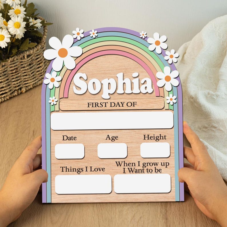 K&ouml;nnte beinhalten: Holzschild mit Regenbogen- und G&auml;nsebl&uuml;mchen-Design, personalisiert mit dem Namen "Sophia". Das Schild enth&auml;lt Felder f&uuml;r "Datum", "Alter", "Gr&ouml;&szlig;e", "Was ich liebe" und "Wenn ich gro&szlig; bin, m&ouml;chte ich sein".