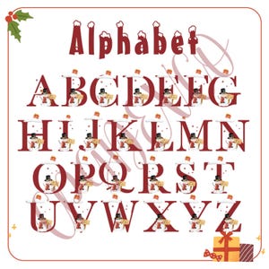Puede incluir: Un gr&aacute;fico alfab&eacute;tico digital que presenta la palabra Alphabet en letras rojas con detalles de nieve. Cada letra de la A a la Z est&aacute; representada en una fuente roja oscura, decorada con un peque&ntilde;o mu&ntilde;eco de nieve con sombrero.