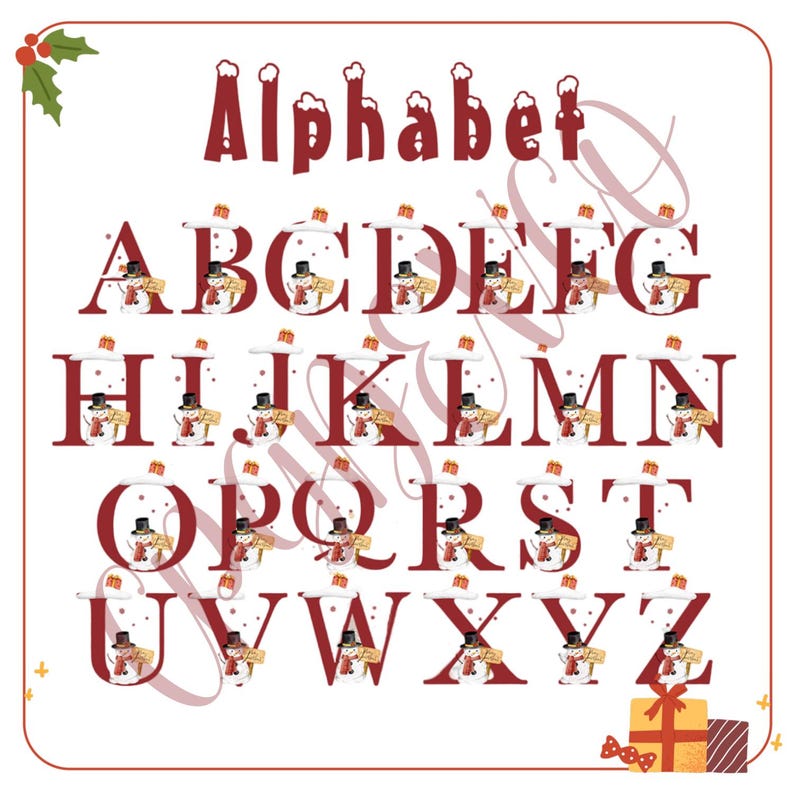 Puede incluir: Un gr&aacute;fico alfab&eacute;tico digital que presenta la palabra Alphabet en letras rojas con detalles de nieve. Cada letra de la A a la Z est&aacute; representada en una fuente roja oscura, decorada con un peque&ntilde;o mu&ntilde;eco de nieve con sombrero.