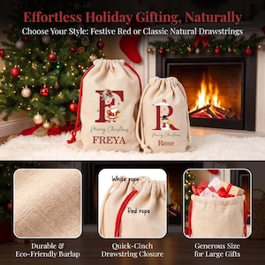 Puede incluir: Dos bolsas de regalo de arpillera beige con cierres de cord&oacute;n rojo y natural. Las bolsas presentan letras rojas grandes F y R, gr&aacute;ficos festivos de Santa y un mu&ntilde;eco de nieve, y los nombres FREYA y Rose con el texto Merry Christmas.