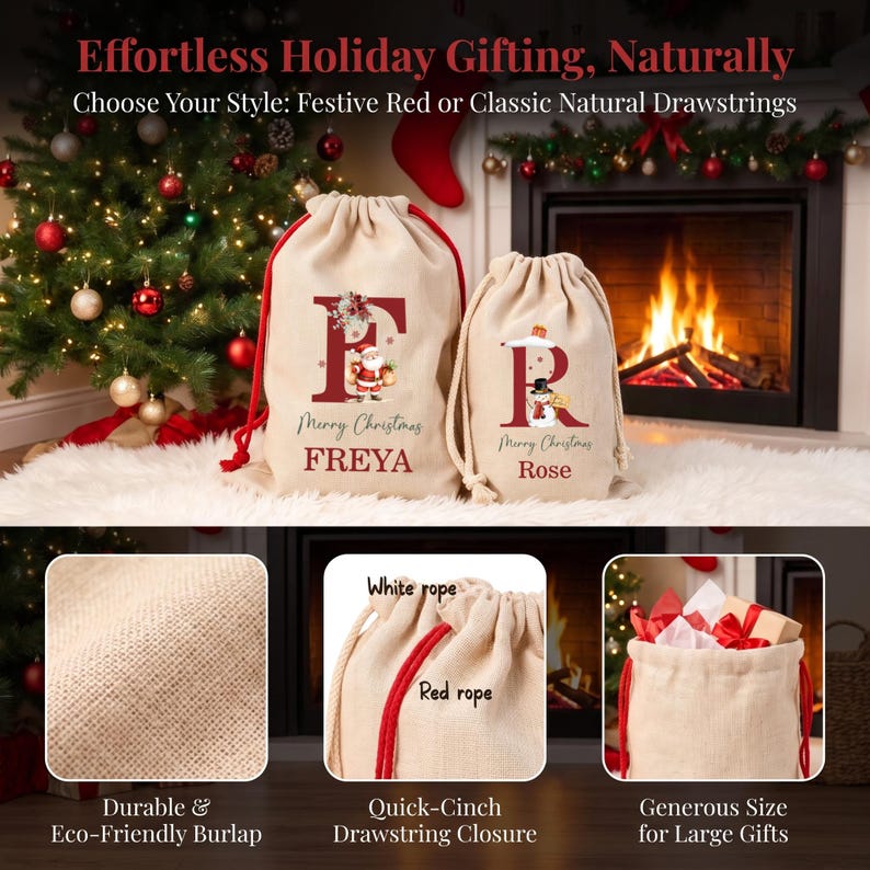 Puede incluir: Dos bolsas de regalo de arpillera beige con cierres de cord&oacute;n rojo y natural. Las bolsas presentan letras rojas grandes F y R, gr&aacute;ficos festivos de Santa y un mu&ntilde;eco de nieve, y los nombres FREYA y Rose con el texto Merry Christmas.