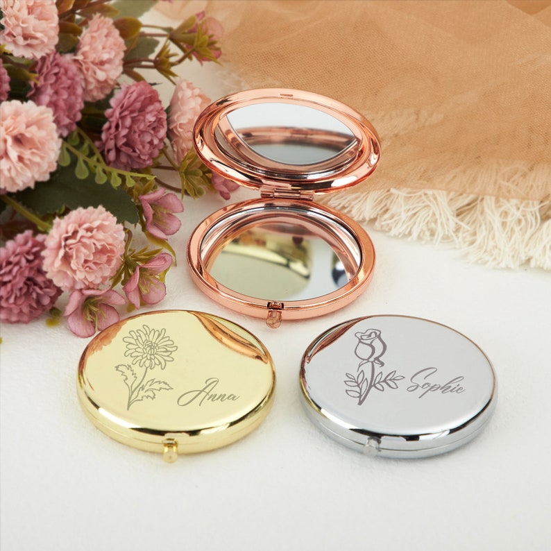 Miroir compact personnalisé, miroir de fleur de naissance, miroir de poche birdesmaid, cadeaux pour elle, cadeaux de meilleur ami, cadeaux danniversaire, cadeaux de mariage image 2