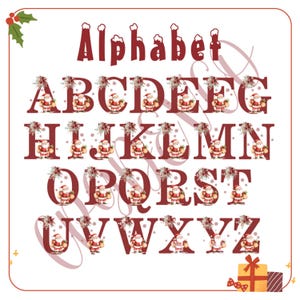 Puede incluir: Un conjunto de alfabeto digital con la palabra Alphabet en la parte superior en letras rojas con detalles de nieve. Cada letra de la A a la Z est&aacute; representada en una fuente roja oscura, decorada con una peque&ntilde;a ilustraci&oacute;n de Santa Claus.