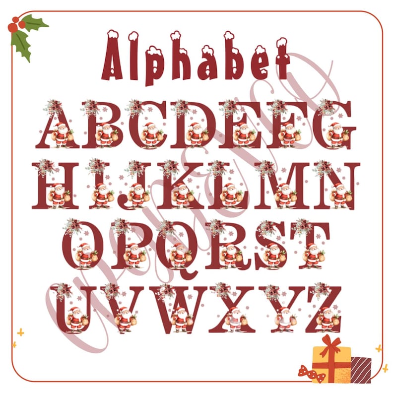 Puede incluir: Un conjunto de alfabeto digital con la palabra Alphabet en la parte superior en letras rojas con detalles de nieve. Cada letra de la A a la Z est&aacute; representada en una fuente roja oscura, decorada con una peque&ntilde;a ilustraci&oacute;n de Santa Claus.