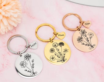 Personalized Bouquet Flower Keychain, Keychain for Mom, Nana, Grandma, Mothers Day Gift for Her, Gift for Teacher, Family Gift Mother