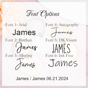 May include: Six different font styles for the name "James" are displayed on white circles with black text. The font styles are Arial, Binthan, Alluring, Autography, DK Visum, and Ink Free. The text "James / James 06.21.2024" is below the circles.