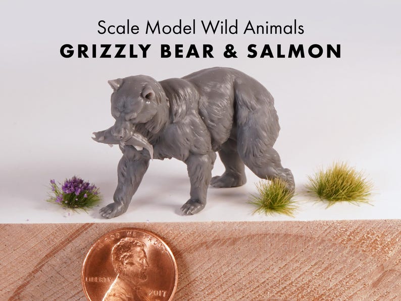 Grey Scale Model Grizzly Bear & Salmon • 1:48 • O Scale Model Railroad Animal Figure - Etsy