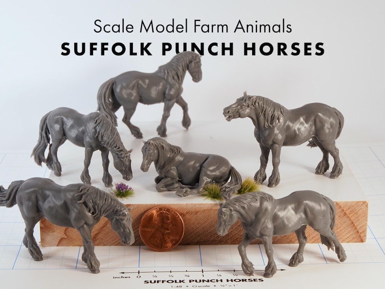 Grey Scale Model Suffolk Punch Horses • 1:48 • O Scale Model Railroad Animal Figures ...