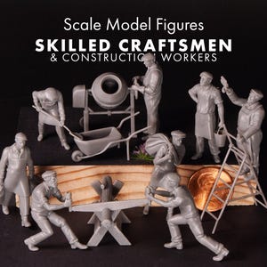 May include: A collection of grey scale model figures depicting skilled craftsmen and construction workers, including a cement mixer, wheelbarrow, ladder, and tools. The text "Scale Model Figures SKILLED CRAFTSMEN & CONSTRUCTION WORKERS" is visible above the figures.
