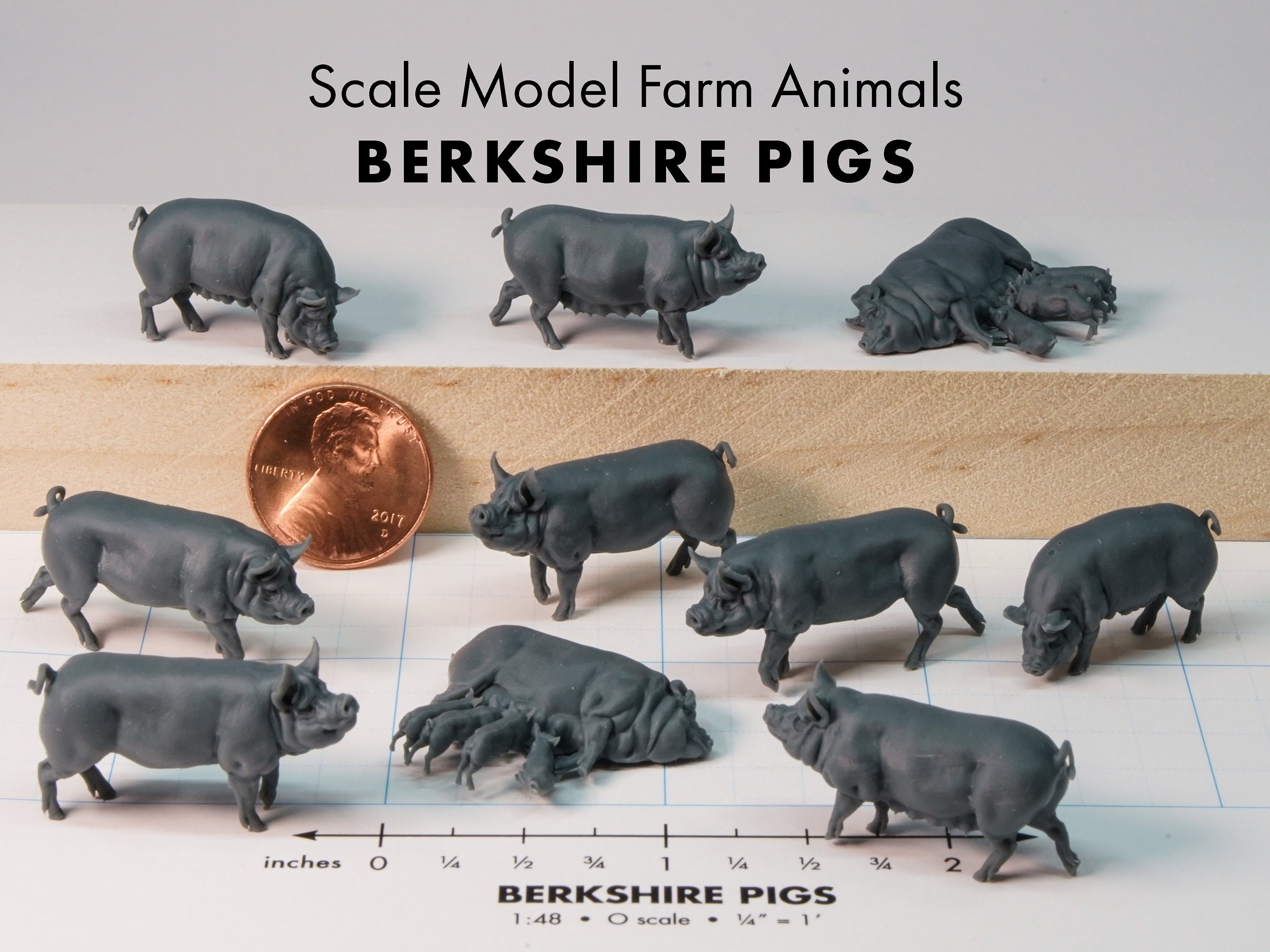 Berkshire Pigs 1 48 O Scale Model Railroad Farm Animal Figures set of Ten Etsy