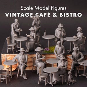 May include: A collection of gray scale model figures depicting a vintage café and bistro scene. The set includes various miniature people seated at round tables with chairs, a waiter, and a small dog. Text reads Scale Model Figures VINTAGE CAFÉ & BISTRO.
